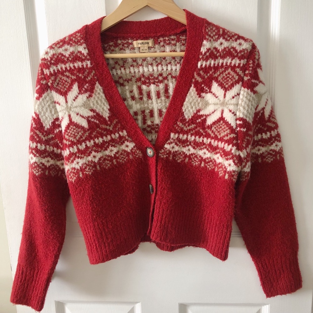 ❤️⛄️❤️Harlow Cozy Fuzzy Red Fair Isle Cardigan XS